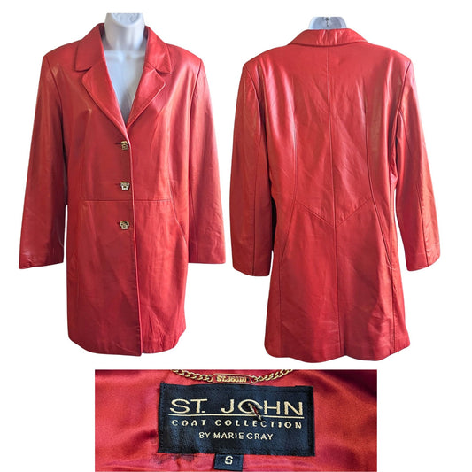 Vintage Y2K ST. JOHN Buttery Soft Tomato Red Lambskin Leather Long Coat Size S/M