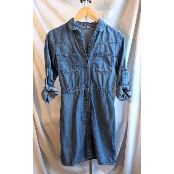 Vintage Y2K NEW YORK & CO 100% Cotton Blue Chambray Shirtdress 3/4 Sleeve Sz XS