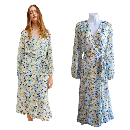 Anthropologie ICHI Adiline Cream Blue Floral Chiffon Wrap Midi Dress Size 34/6