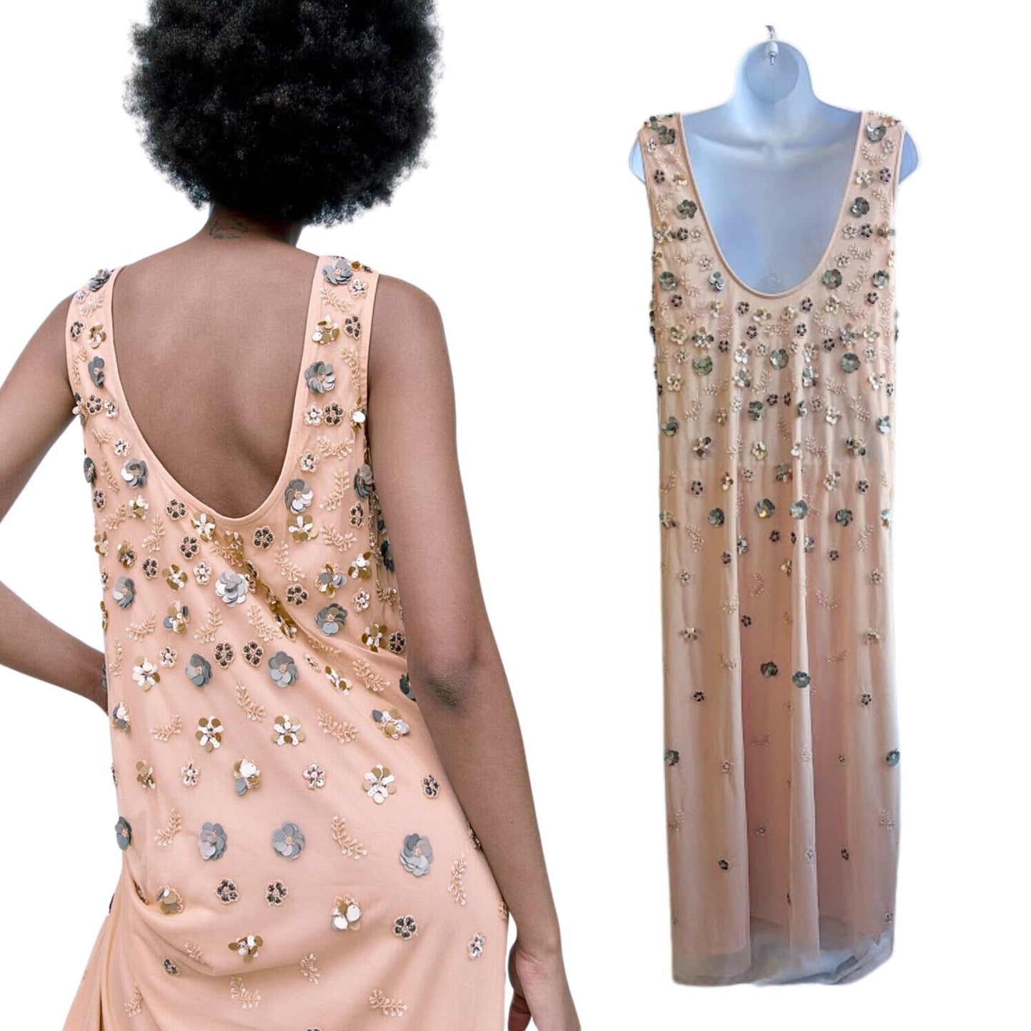 ZARA Peach Pink Beaded Floral Knit Shift Dress w/ Silver Rose Gold Appliques OOS Size S