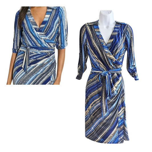 LAUNDRY by SHELLI SEGAL Blue Gray Tire Track Faux Wrap Dress w/ Metal Accents Size 4