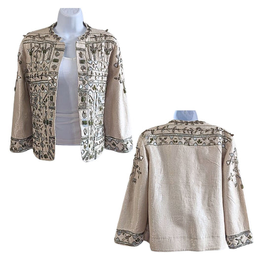 Vintage Y2K CHICOS Embellished Metallic Beige Aztec Beaded Cocktail Jacket Sz 1