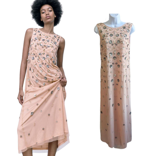 ZARA Peach Pink Beaded Floral Knit Shift Dress w/ Silver Rose Gold Appliques OOS Size S