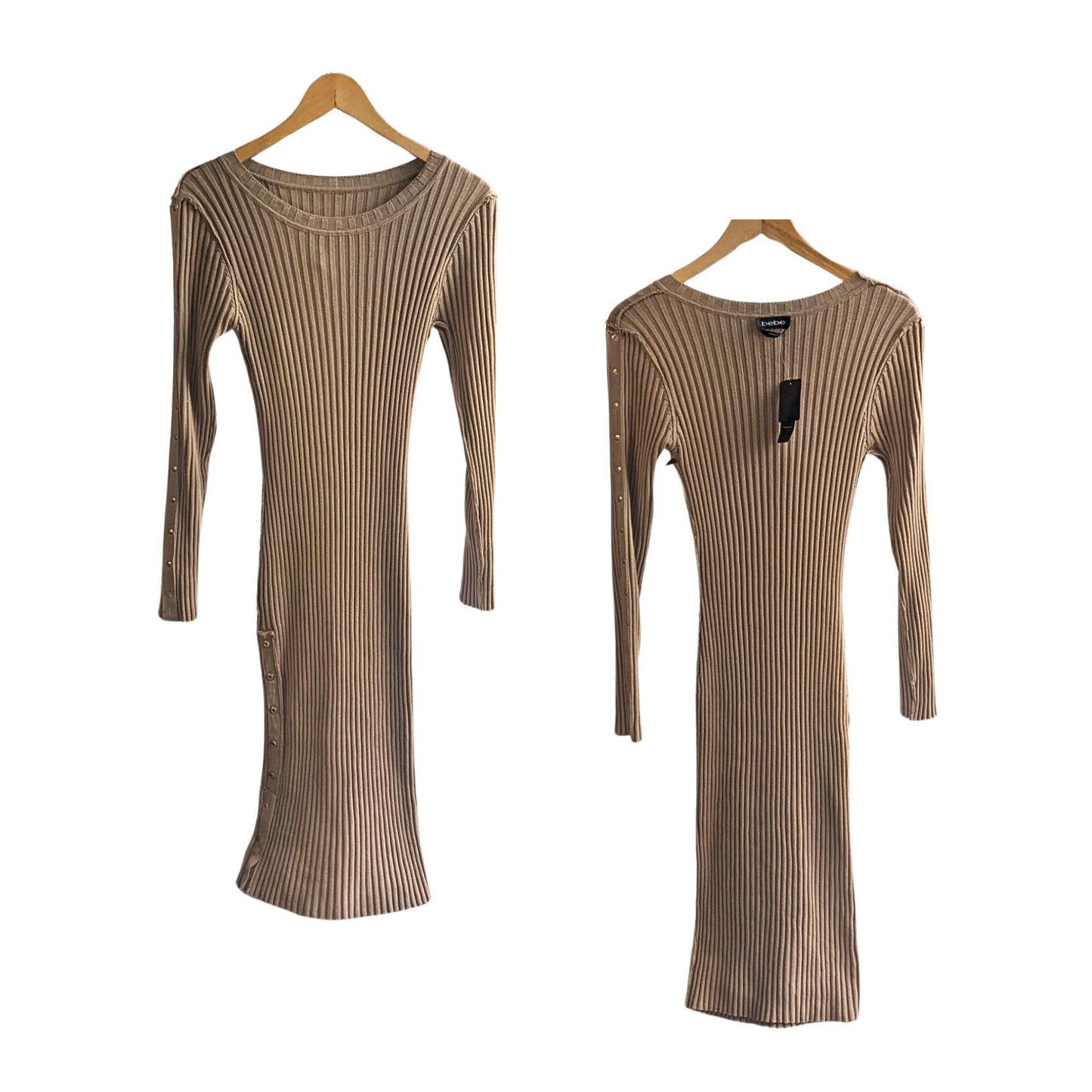 NWT BEBE Tan Long Sleeve Knit Snap Detail Bodycon Midi Sweater Dress Size M