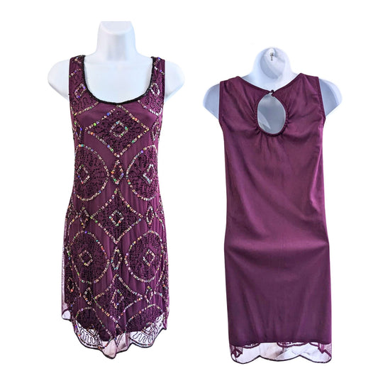 Vintage Y2K ANGIE Geometric Embellished Plum Sheath Scallop Hem Mini Dress Sz L