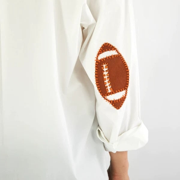 NWT CARYN LAWN White Game Day Orange Embroidered Button-Up Shirt Sporty Fem OS