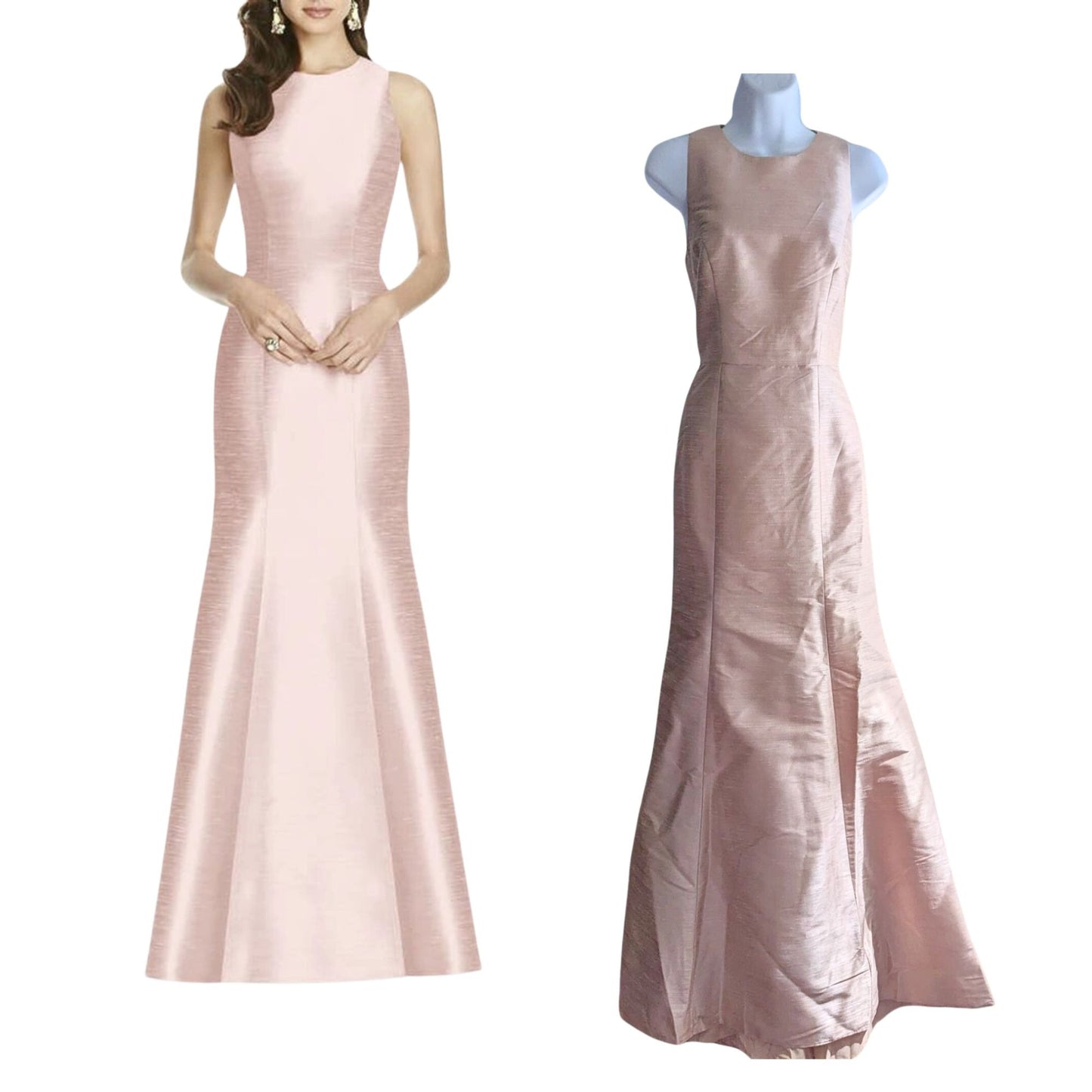 NWT ALFRED SUNG Pearl Pink Dupioni Bow Back Sample Trumpet Bridesmaid Gown Sz 6