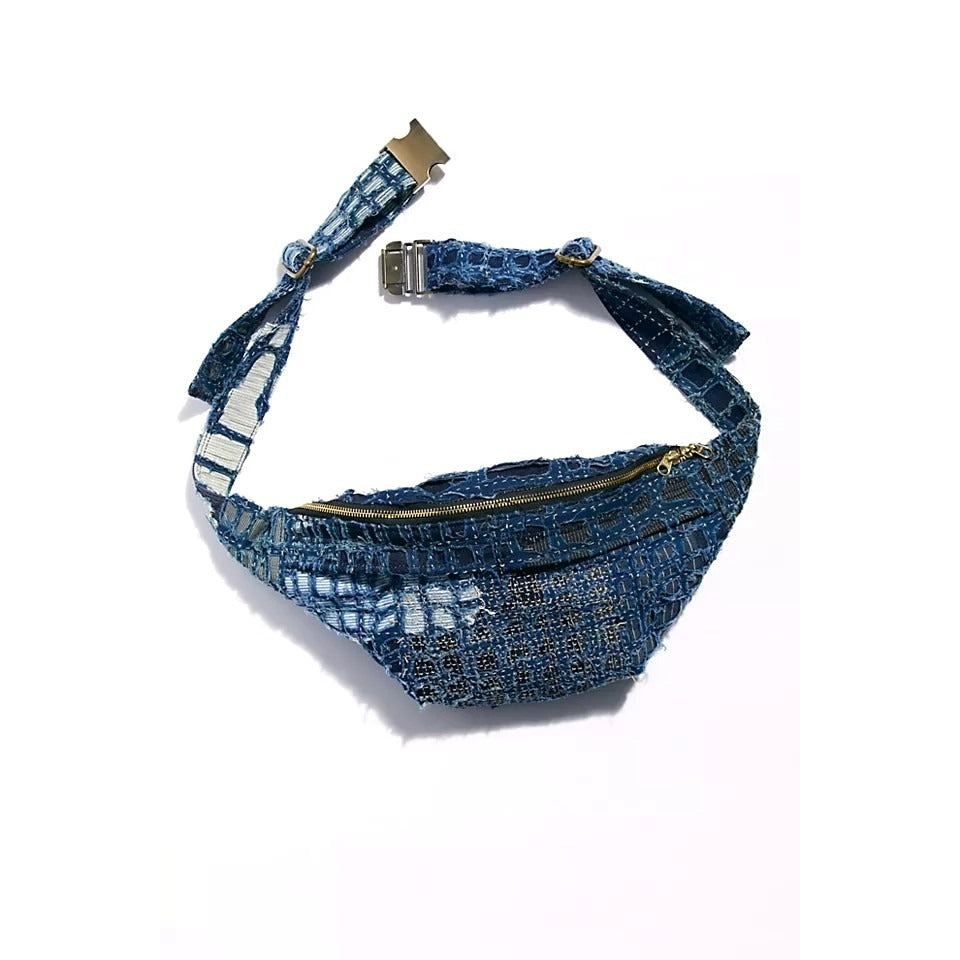 Free People MOMO NEW YORK Blue Cotton Denim Indigo Patchwork Belt Bag