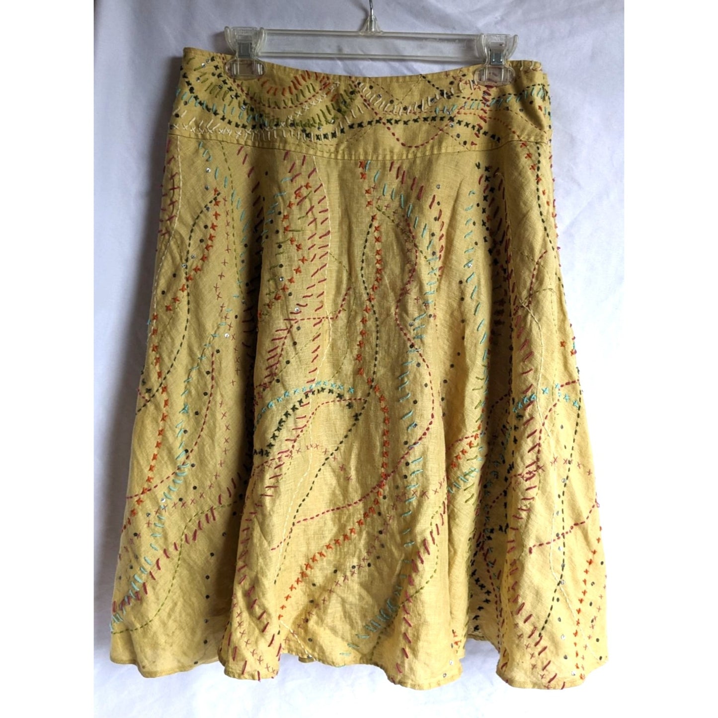 Vintage Y2K EYE Unique Trail Map 100% Linen Skirt Yellow Embroidered Size 8