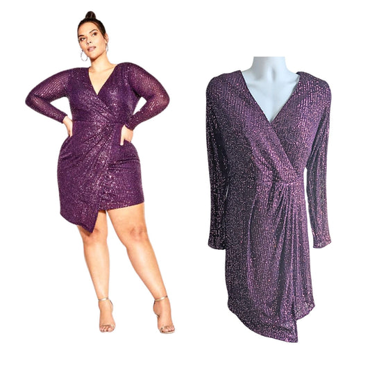 CITY CHIC Violet Razzle Sequin Faux Wrap Mini Dress Size L/20