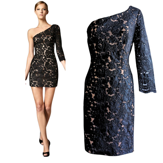 MARCHESA NOTTE Black Lace Illlusion Overlay One Shoulder Mini Dress Size 4