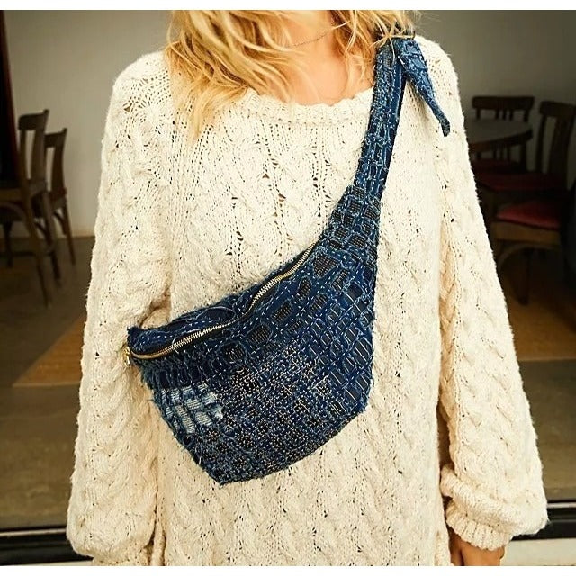 Free People MOMO NEW YORK Blue Cotton Denim Indigo Patchwork Belt Bag