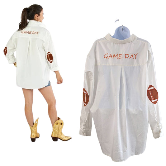 NWT CARYN LAWN White Game Day Orange Embroidered Button-Up Shirt Sporty Fem OS