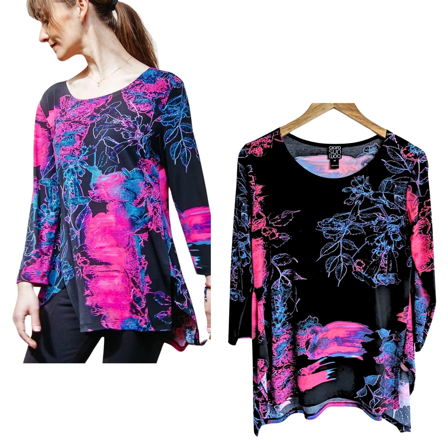 Vibrant CLARA SUNWOO Black Pink Parachute Hem Electric Floral Tunic Size XS