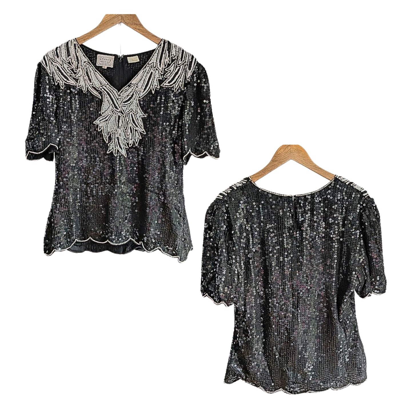 Vtg 80s STENAY 100% Silk Black & White Beaded Scallop Evening Top SzXL