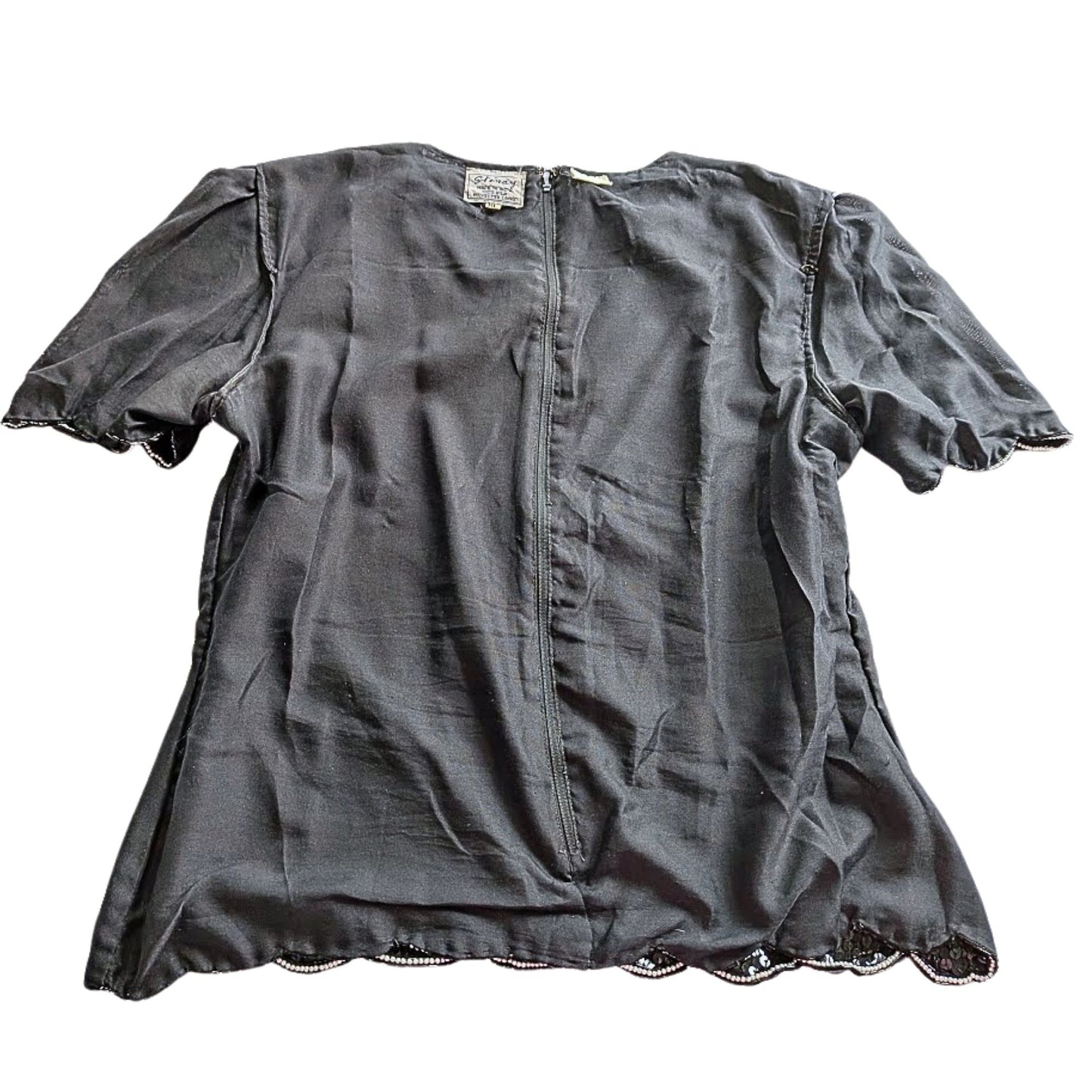 Vtg 80s STENAY 100% Silk Black & White Beaded Scallop Evening Top SzXL