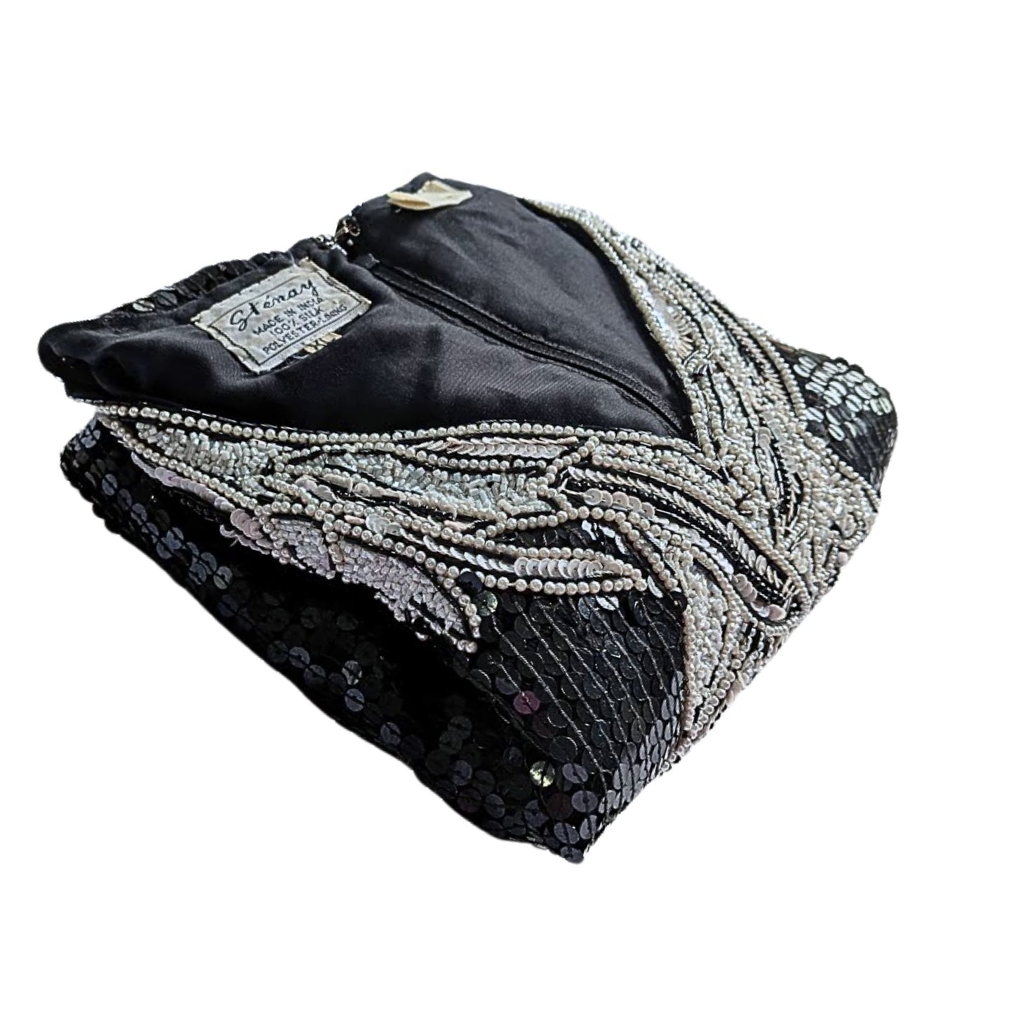 Vtg 80s STENAY 100% Silk Black & White Beaded Scallop Evening Top SzXL