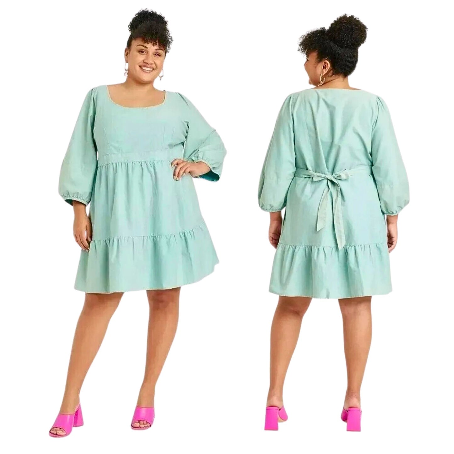 NWT AVA & VIV Sage Green Balloon Sleeve A-Line Dress 100% Cotton Size 2X