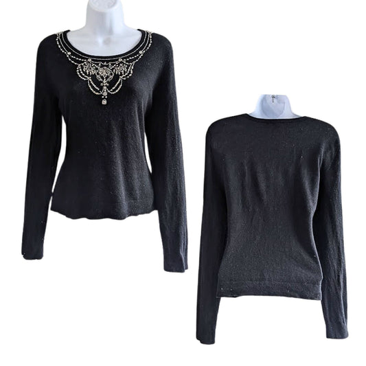 Vintage Y2K CASUAL CORNER Black & Silver McBling Silk Blend Embellished Sweater Size L