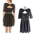 Vtg Y2K BY & BY Black Cutout Bow Back Lurex Lace Overlay Skater Mini Dress Sz XL