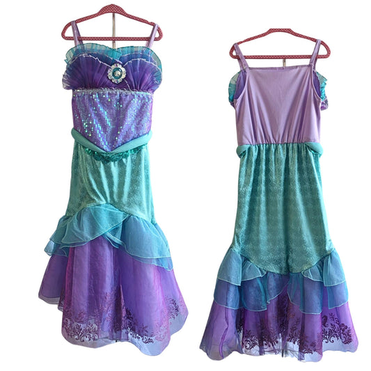 DISNEY PRINCESS Ariel Deluxe Purple Teal Mermaid Dress w/Seashell Cameo Sz S 5/6