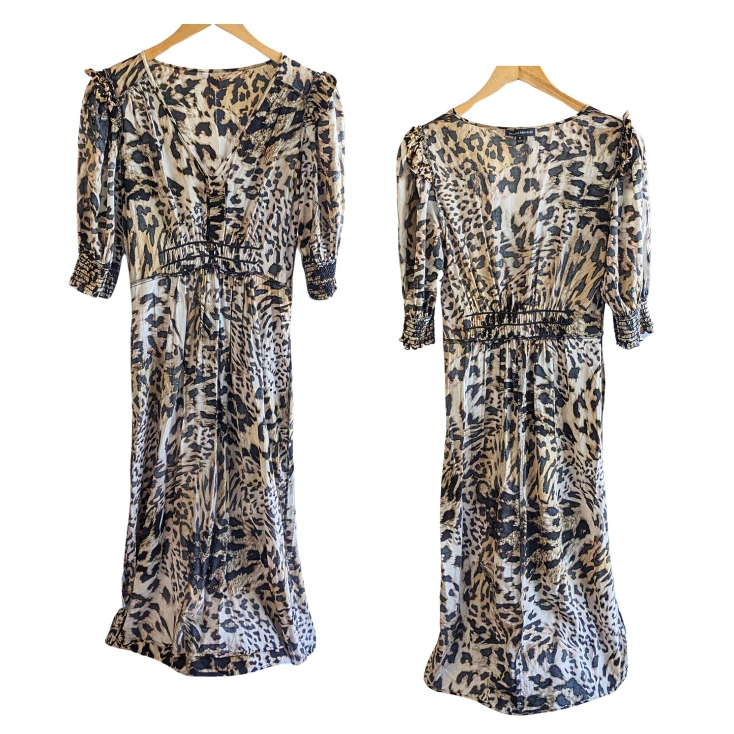 BANANA REPUBLIC Trending Leopard Print V-Neck Puffed Sleeve Midi Dress Size 6