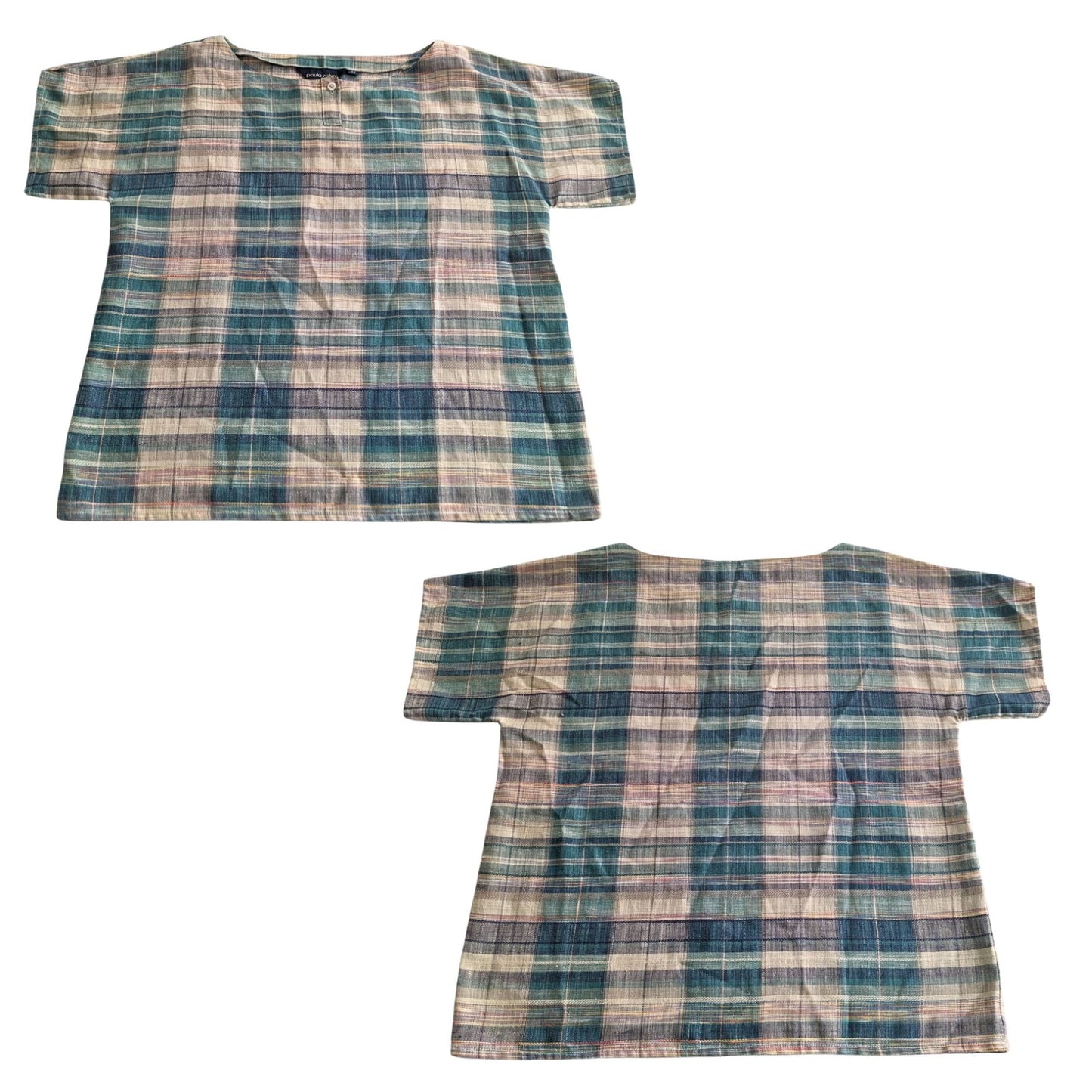 Vintage 70s PAULA RAKER Clan Wallace Tartan Muted Tan Linen Blend Top Size 12/M