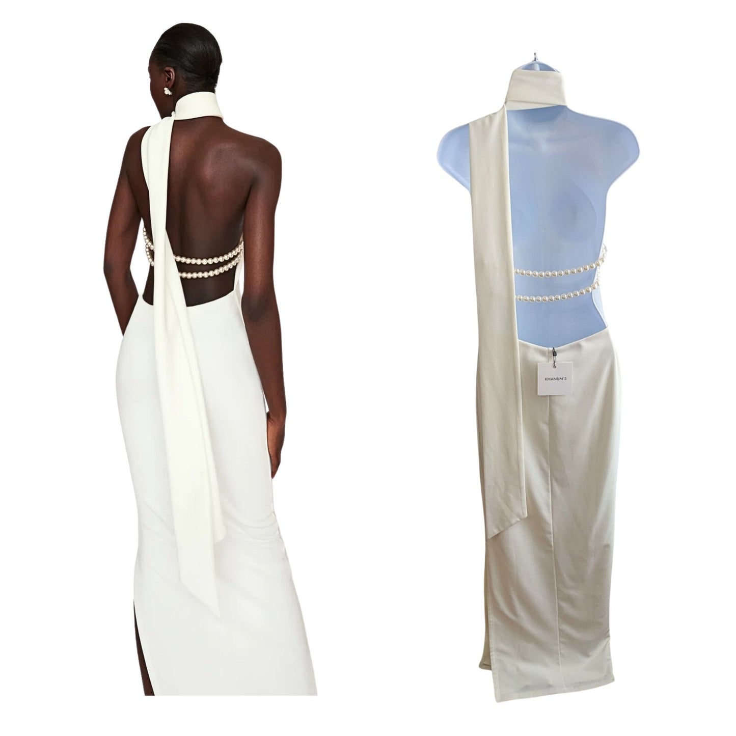 NWT KHANUM'S Kara Ivory Scarf Backless Maxi Dress w/ Draped Faux Pearls Size S