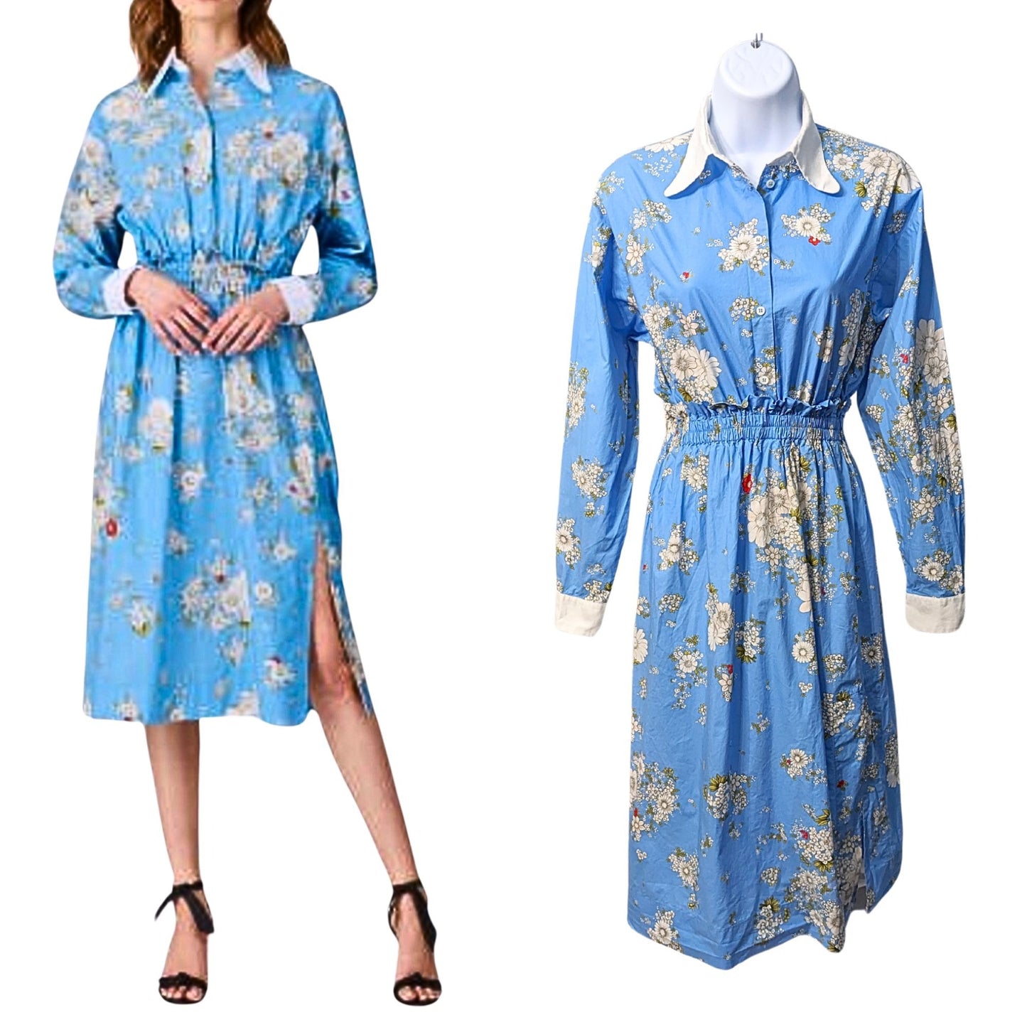 NO. 21 Floral Blue Fantasia Base Midi Dress 100% Cotton Long Sleeve Size 36 XS