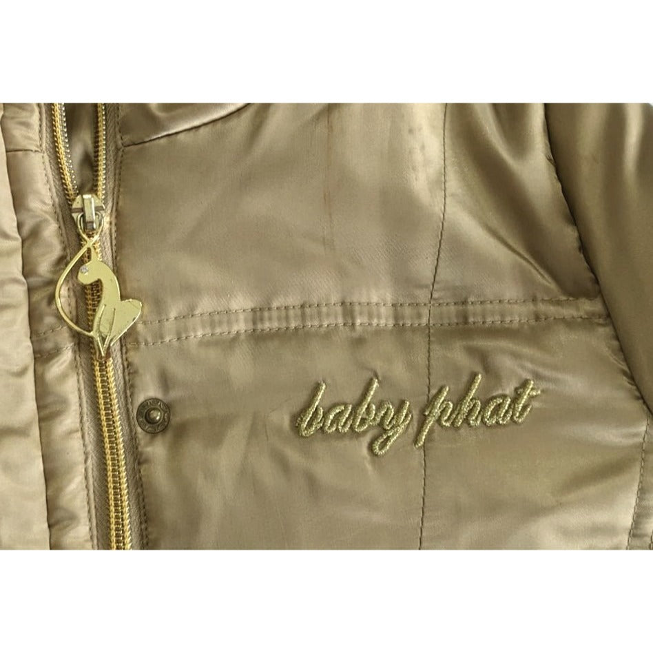 Vintage Y2K BABY PHAT Girly McBling Gold Long Down Puffer Coat Sz Women XS Jr M