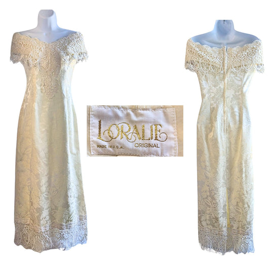 Vintage 80s LORALIE Ivory Romanian Macramé Lace Damask Wedding Sheath Dress Sz12