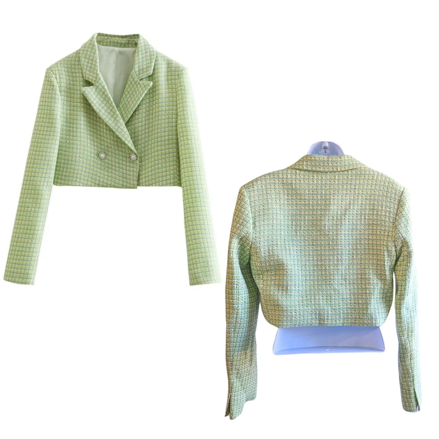 Sweet & Spunky NWT ZARA Green Tattersall Tweed Long Sleeve Cropped Blazer Size M