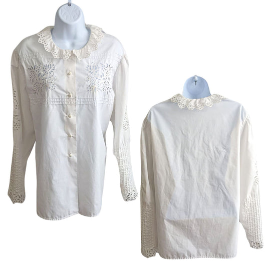 Vintage 70s/80s Cottagecore Western Soft White Button Down Blouse Size 50/XXL