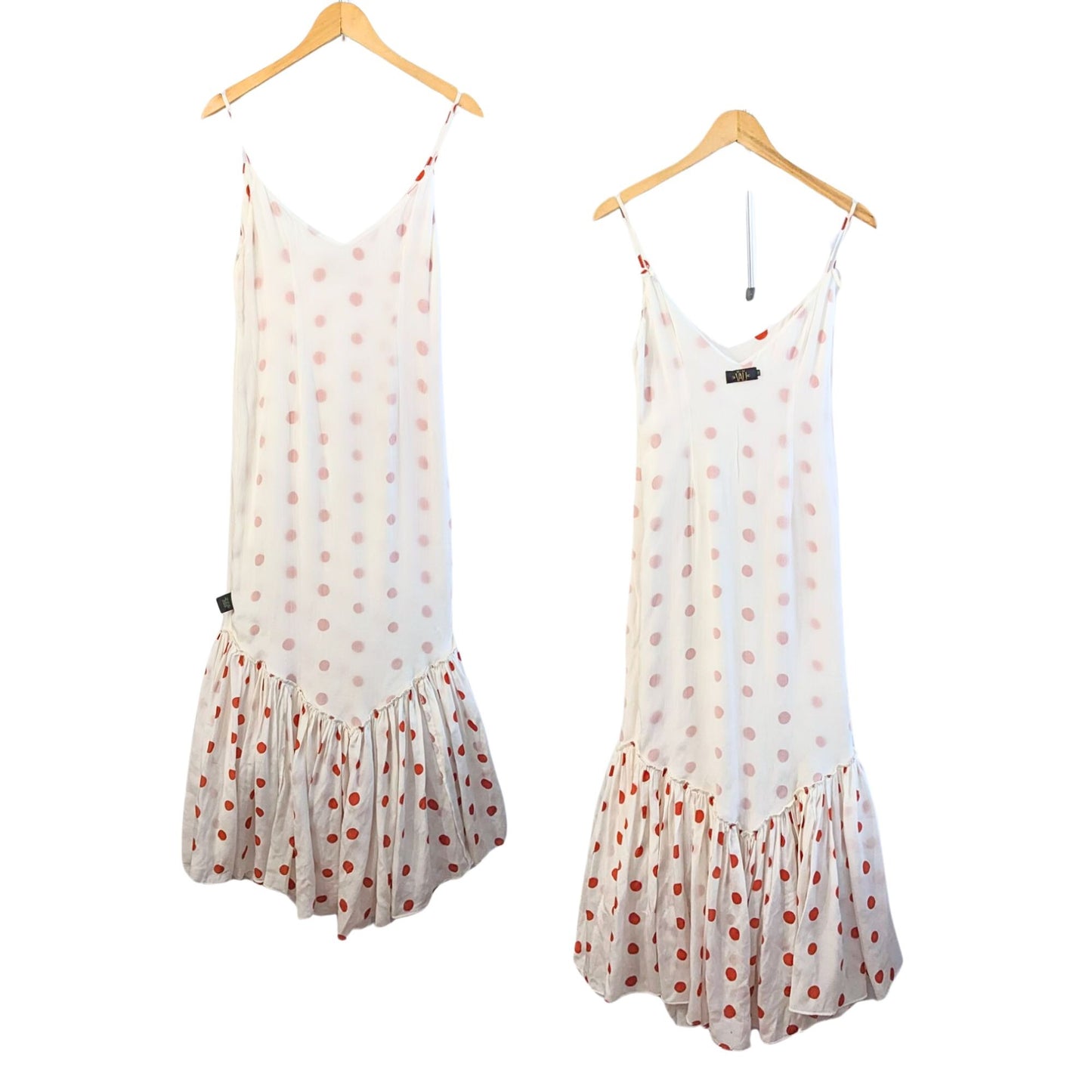 DE LA VALI Capri Polka Dot Printed Silk Maxi Dress In White/Red Size 12