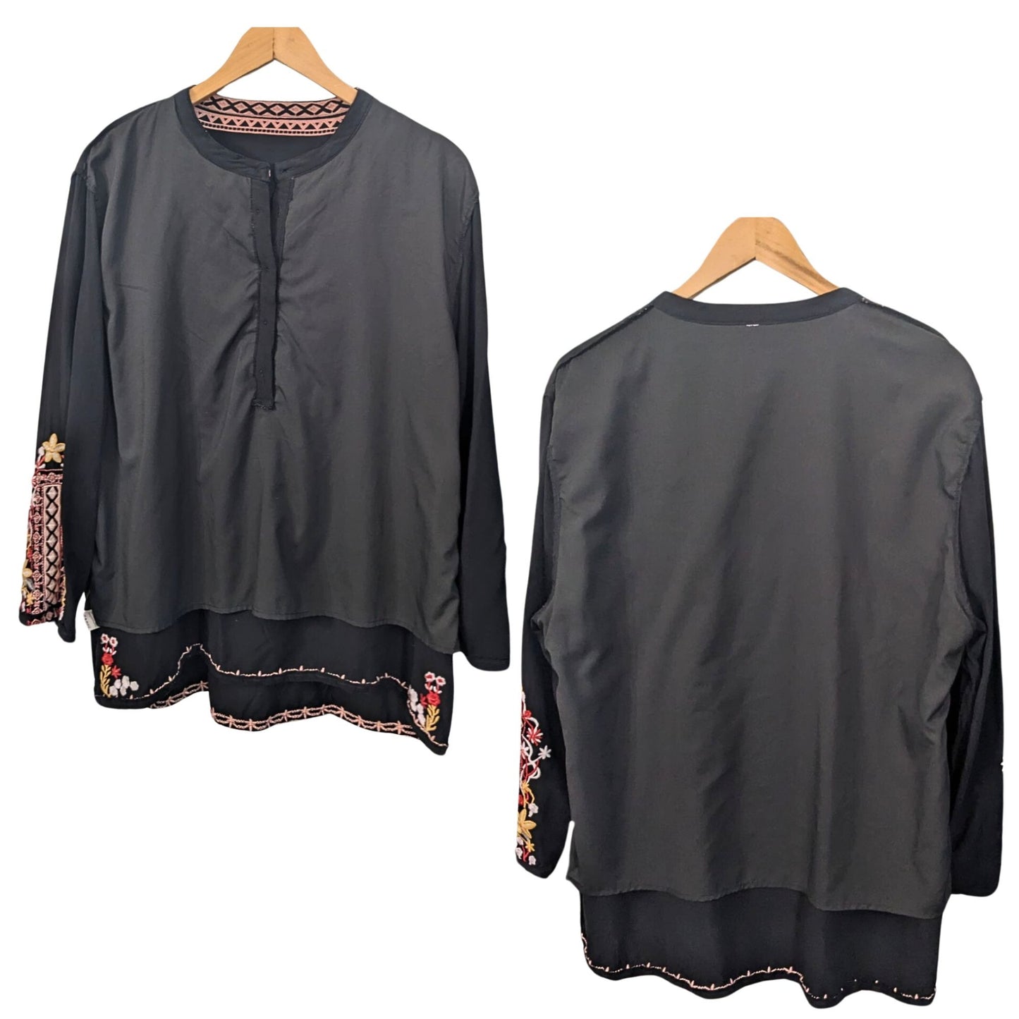 NWOT AK Mexican Boho Black Embroidered LongSleeve Peasant Casual Tunic Sz M