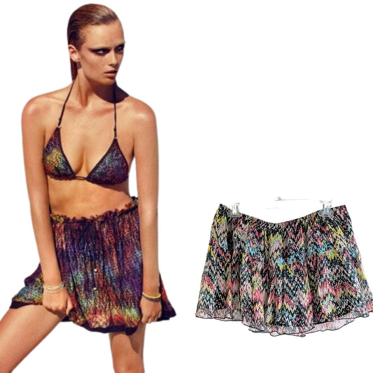 Vintage Y2K HANNE BLOCH 100% Silk Ruffle Low Rise Mini Skirt Swim Cover Up Sz S
