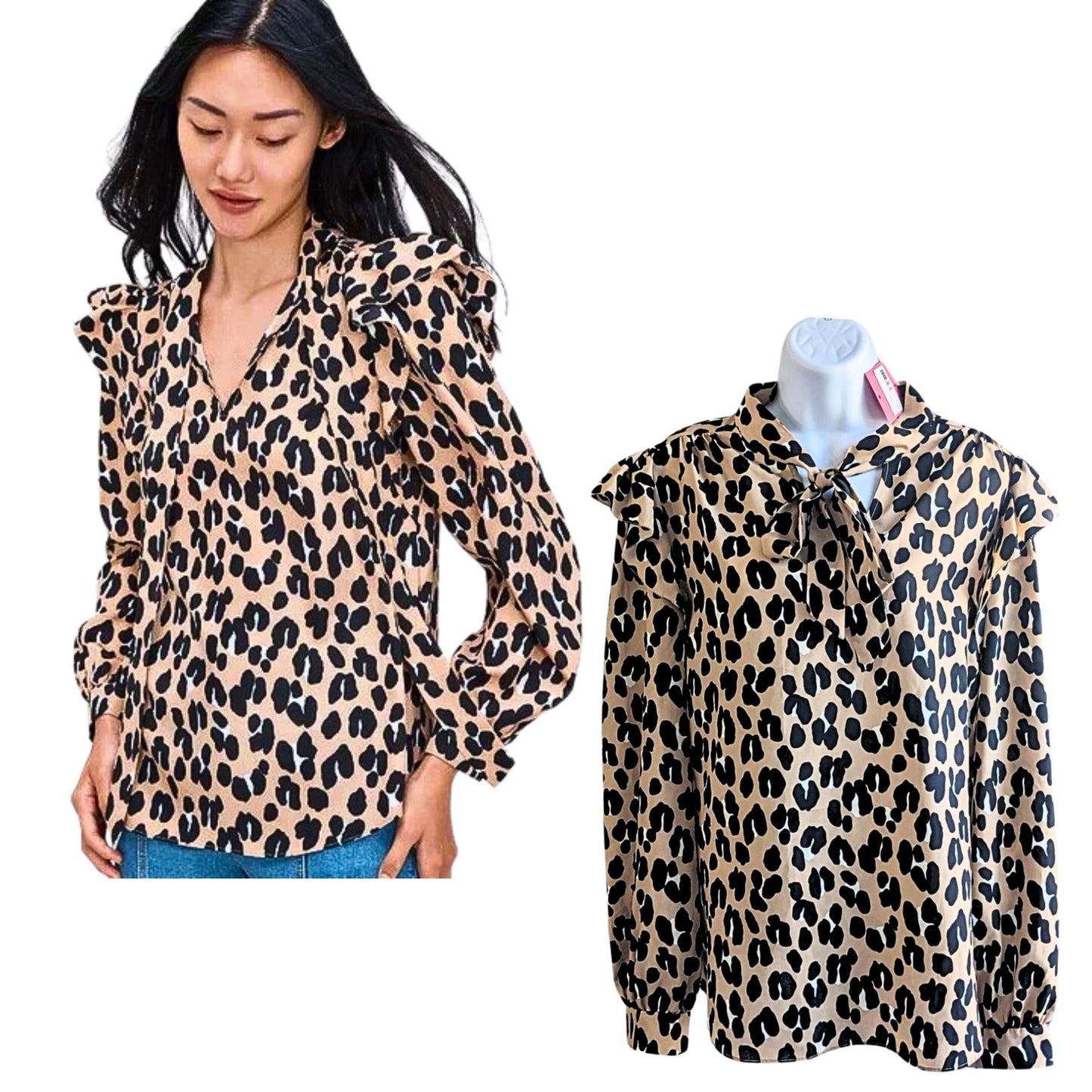 NWT KATE SPADE Forest Feline Tan Black Leopard Print Crepe Tie Neck Blouse Sz XL