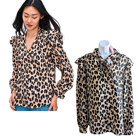 NWT KATE SPADE Forest Feline Tan Black Leopard Print Crepe Tie Neck Blouse Sz XL