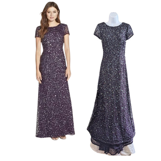 NWT ADRIANNA PAPELL Amethyst Scoop Back All Over Sequin Cap Sleeve Gown Size 4P