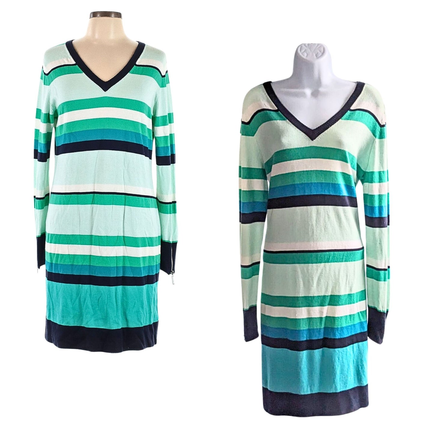 MICHAEL MICHAEL KORS Green Blue Stripe V-Neck LongSleeve Sweater Mini Dress Sz L