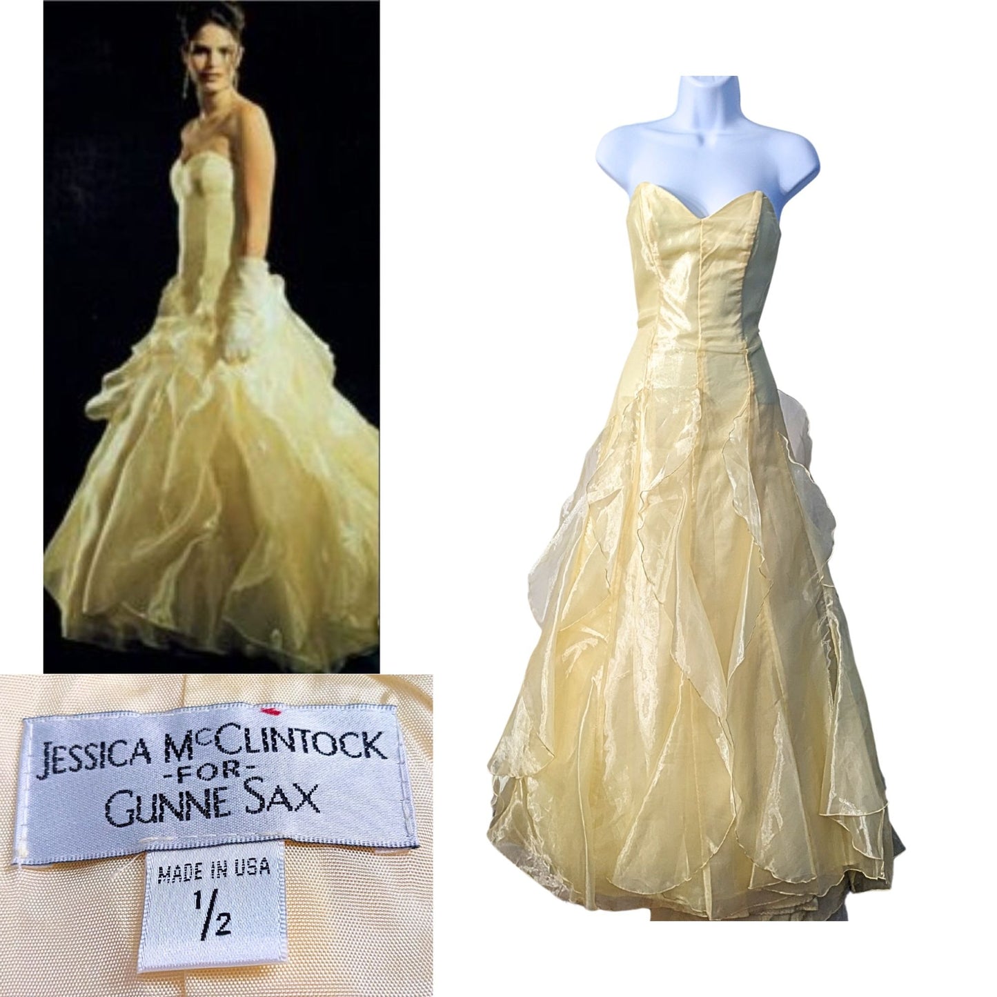 Vtg Y2K GUNNE SAX JESSICA MCCLINTOCK Strapless Lemon Chiffon Prom Gown Sz 1/2