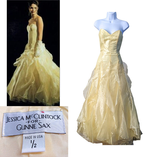 Vtg Y2K GUNNE SAX JESSICA MCCLINTOCK Strapless Lemon Chiffon Prom Gown Sz 1/2