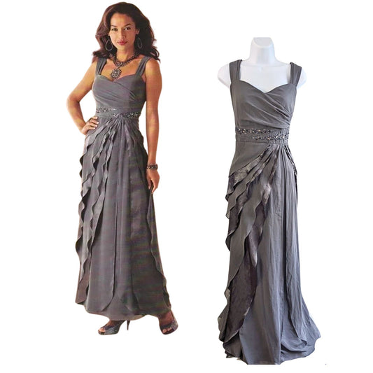 MIDNIGHT VELVET Nicoletta Smoky Gray Sequin Chiffon Satin Waterfall Gown Size 16