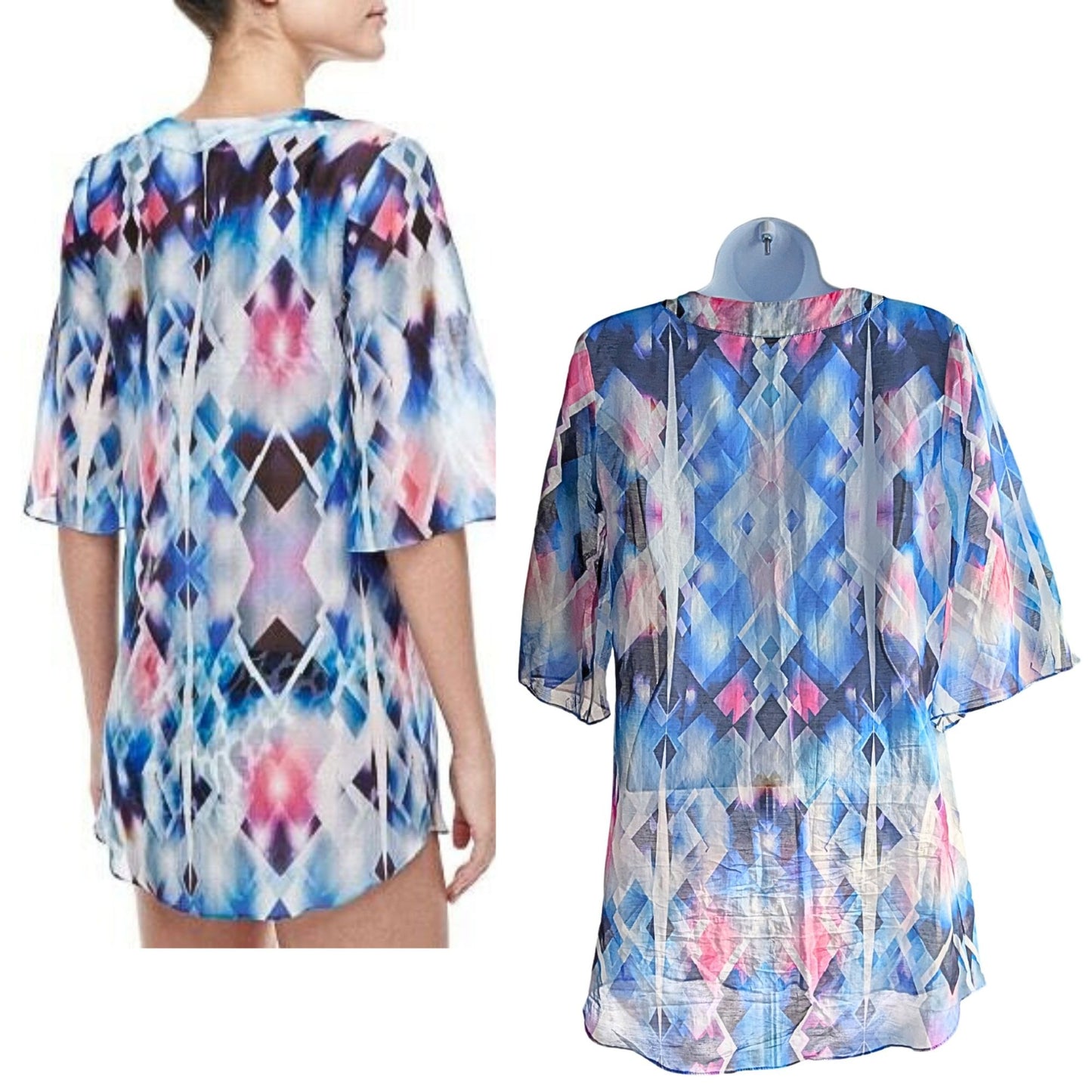 MILLY CABANA Capella Blue Kaleidoscope Ikat Cotton-Silk Cover-Up Tunic Size SP