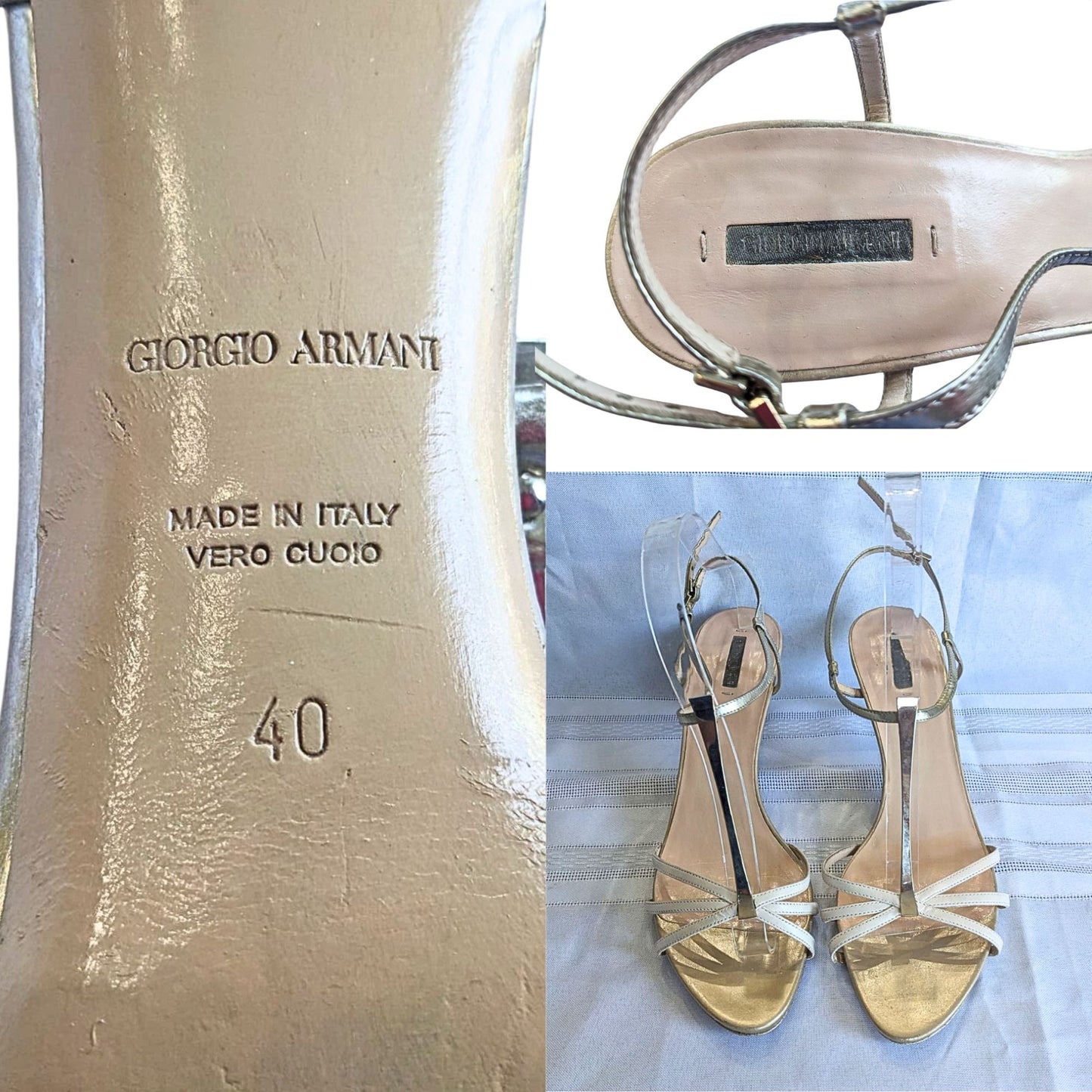 Comfy GIORGIO ARMANI Soft Gold Leather Brass T-Strap Kitten Sandals Size 40/8.5