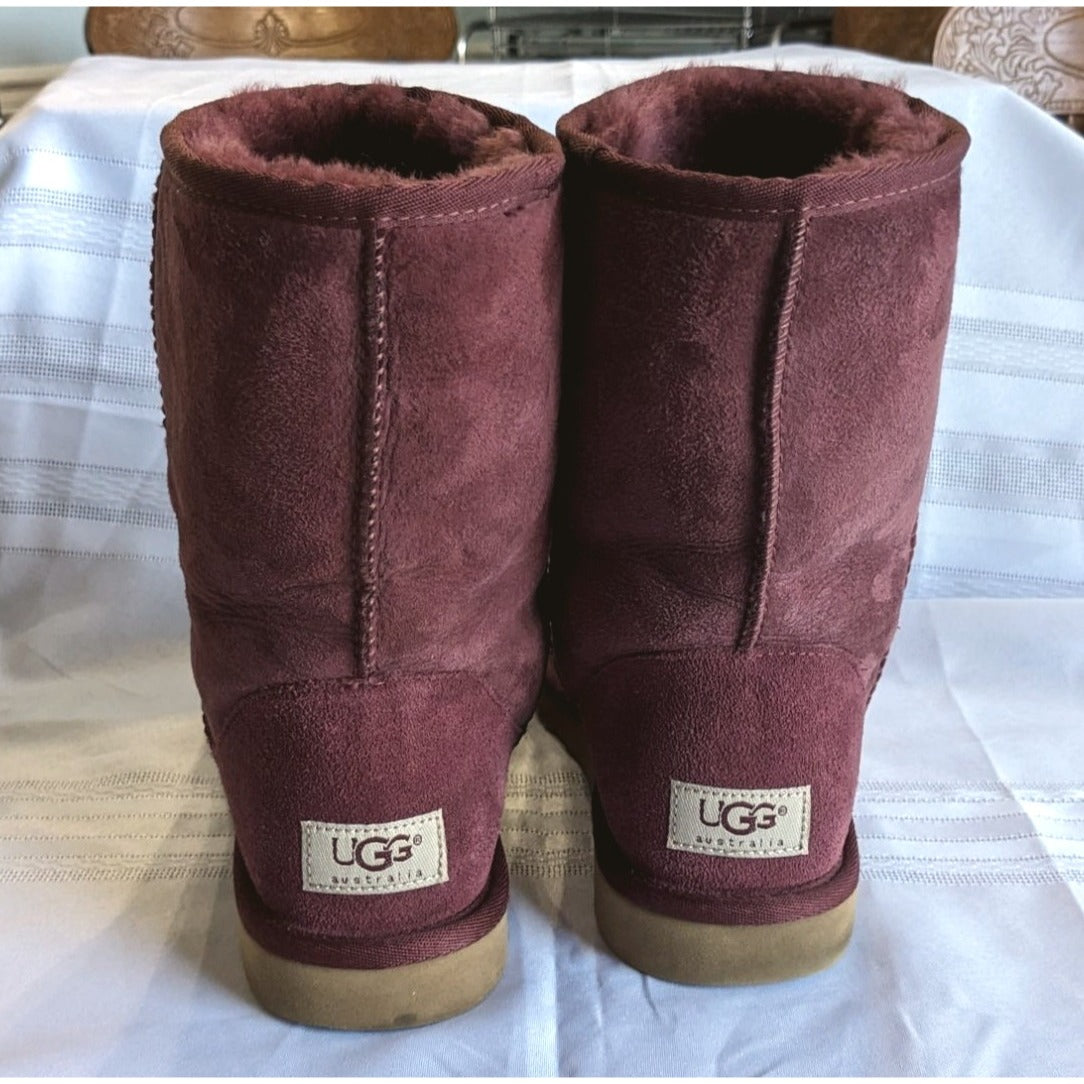 UGG Classic Short II 5825 Burgundy & Tan Leather Round Toe Mid Calf Boots Size 9