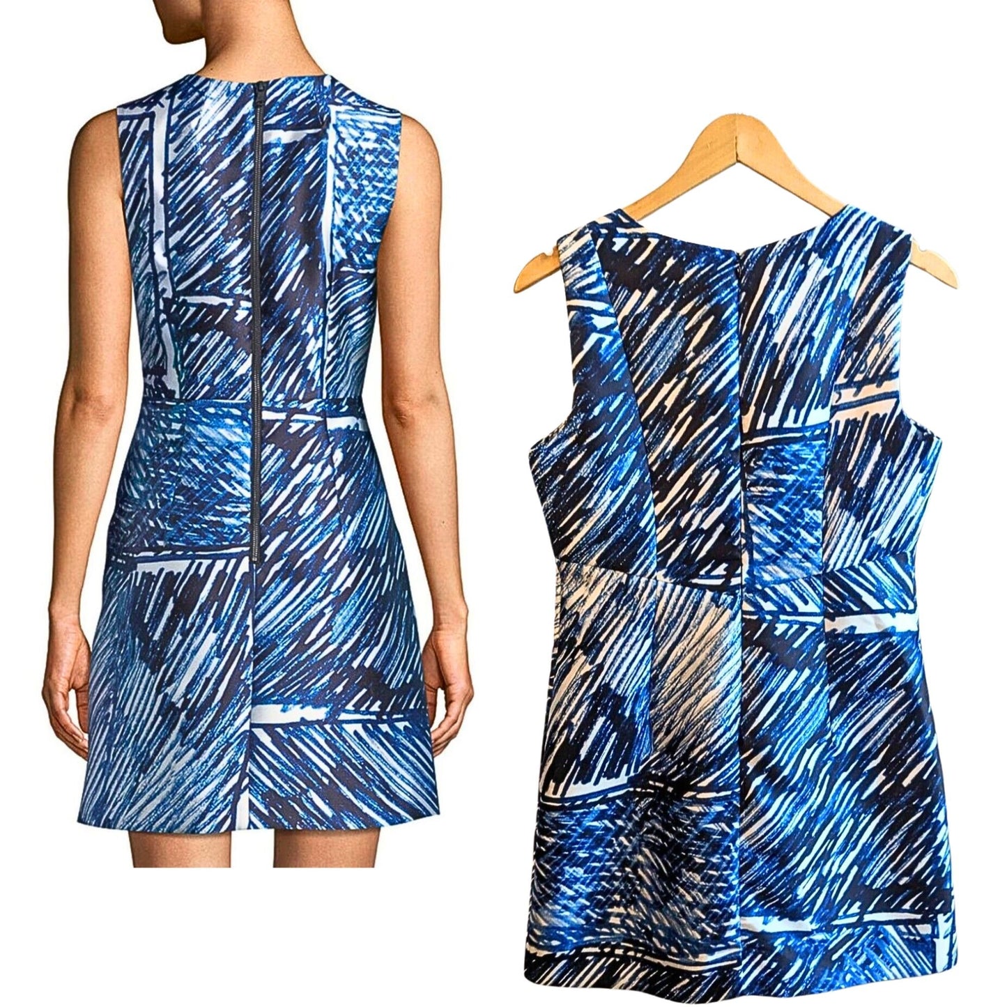 NWOT MILLY Coco Blue Sleeveless Scribble Printed Dress Satin Twill Size 8