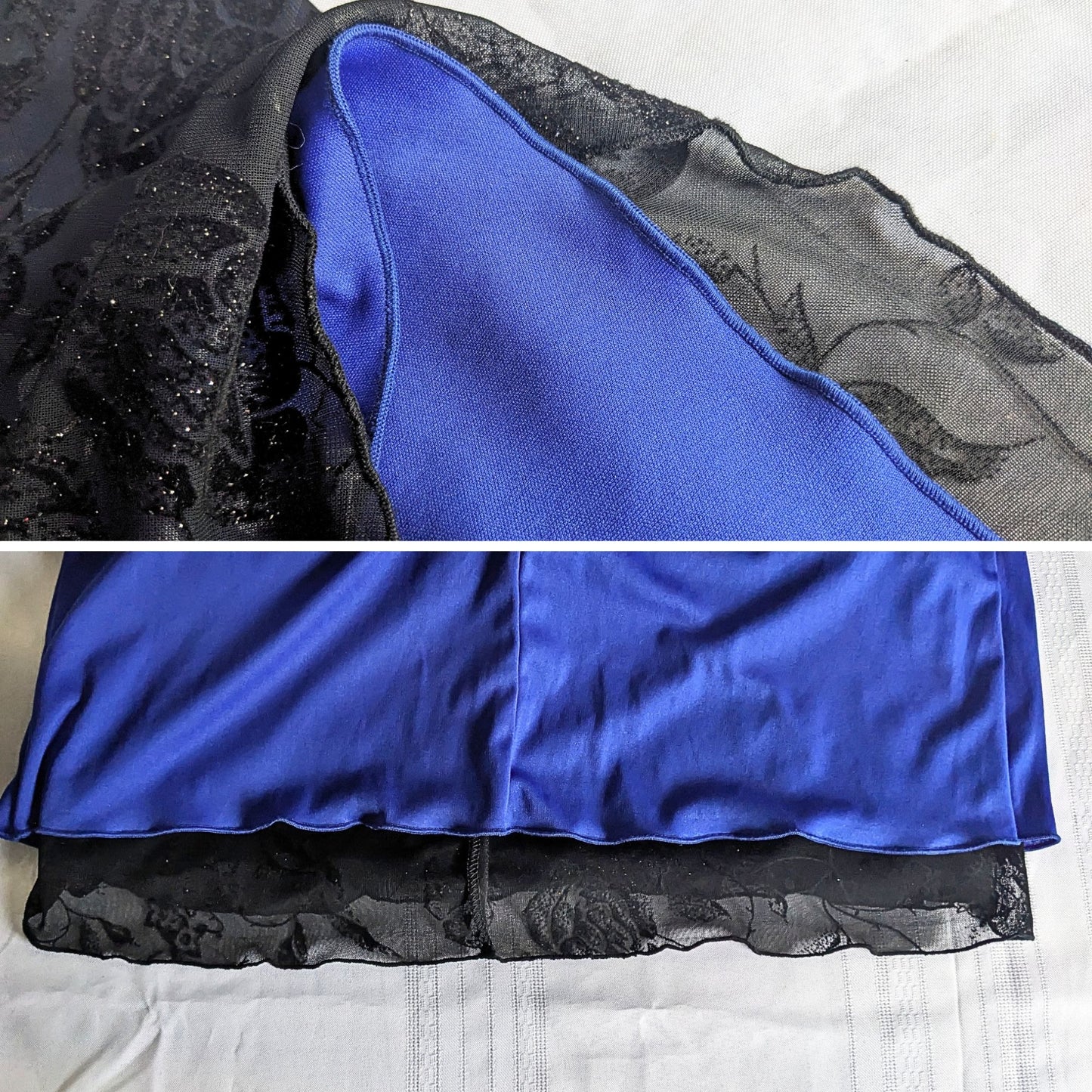 Vintage Y2K TEDDI EVENING Black Mesh Overlay Cobalt Lined Cowl Prom Gown Size 8P