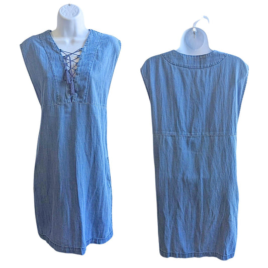 AQUA Sustainable Chambray Tencel Blend Lace-Up Shift Dress Sleeveless Size XS