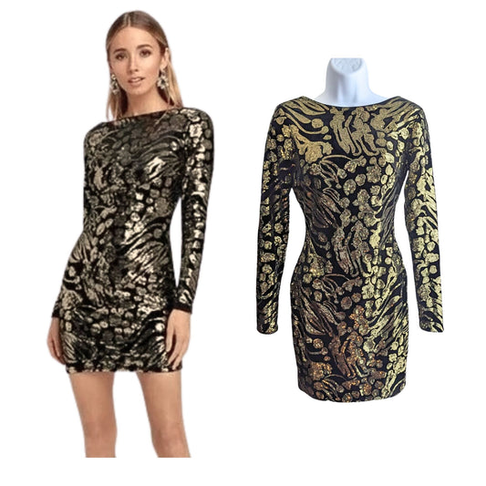 DRESS THE POPULATION Lola Black Gold Sequin Velvet LongSleeve Bodycon Mini Sz XS